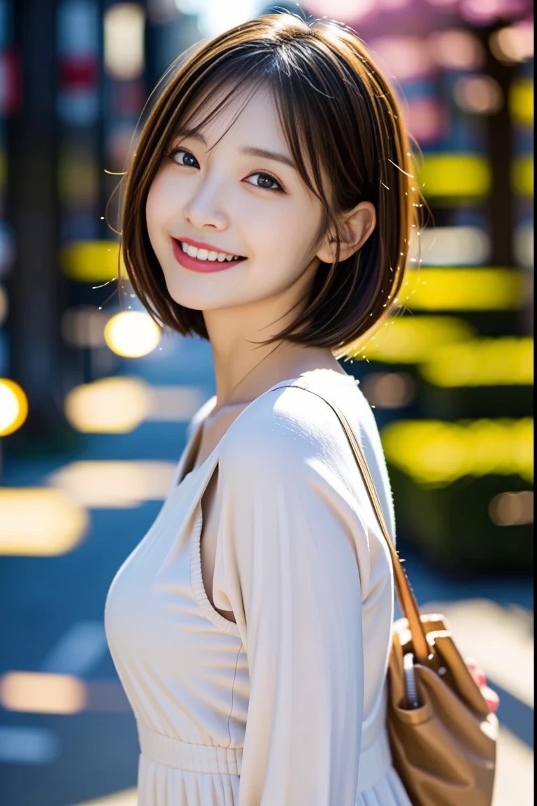 8K、best image quality、smile、masterpiece、spring、short hair、fine eyes、small breasts、A refreshing smile、Female college student、Dimples、New dresses for spring、Clear system、attending university、Ruck sack