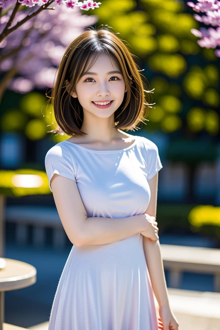 8K、best image quality、smile、masterpiece、spring、short hair、fine eyes、small breasts、A refreshing smile、Female college student、Dimples、New dresses for spring、Clear system、attending university、Ruck sack