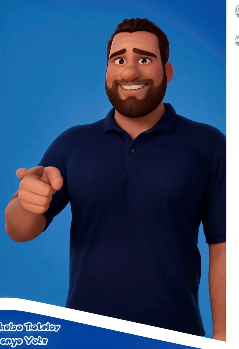 Create a Disney Pixar-style 3D model of a 30-year-old man with short, curly hair, well-groomed beard, wearing a dark blue polo shirt. He must have his arms crossed and display a confident and cocky smile. The style should include exaggerated features typical of Pixar, like big, expressive eyes, with a smooth skin texture and vibrant colors. The background should be simple and colorful, with soft elements that complement the character.