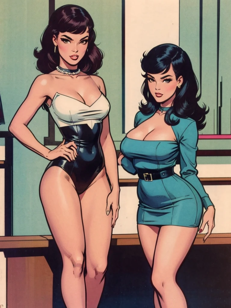 two fashionable young women posing for a picture, retro 60s girls fashion, 1960s style, Robert McGinnis pulp art