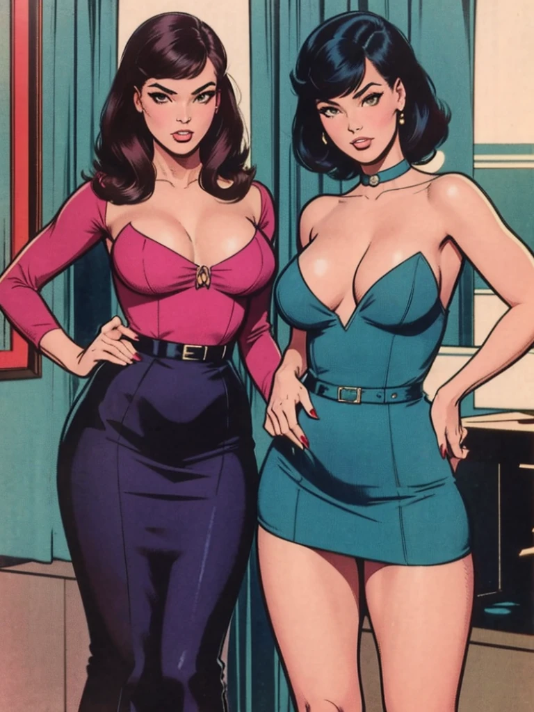 two fashionable young women posing for a picture, retro 60s girls fashion, 1960s style, Robert McGinnis pulp art