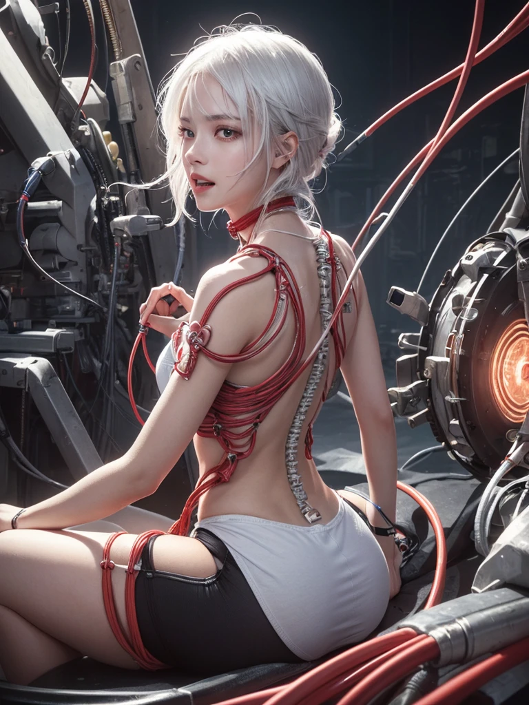 ((((masterpiece))), ((best quality))), ((ultra-detailed)), (CG illustration), ((an extremely delicate and beautiful)),(from side),cinematic light, ((1 mechanical girl)), single, full-body, (machine-made joint: 1.2), ( (mechanical limbs)), (blood vessels connected to tubes), (mechanical spine connected to back), ((mechanical cervical vertebrae attached to neck)), (sitting), forced laughter, (wires and cables around the neck: 1.2), (wires and cables on the head: 1.2) (character focus), sci-fi, extremely thin, colored, the finest white hair, red eyes, in battle, (knotted), (killing), (1 immortal)