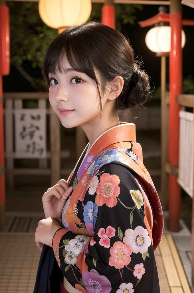 (1 Girl )、(Beautiful Japanese、18years old,round face、Refreshing、clear、seems kind、stylish、Pitiful、cute like an angel、cute、black eyes、(Single eyelid:1.3)、Beautiful skin), {(Japan human face:1.5),(General facial features)} , (((Beautiful breasts:0.4))),(((soft breasts))),(very cute),(Hair tied up),(short hair),(enchanting eyes),(highlight on eyes:1.2)、(8K、Live shooting、highest quality、masterpiece:1.2、optimal lighting)、((masterpiece)),(Photo taken by a professional photographer),(real、photo real:1.4),BREAK,{(Japanese Yukata),(kimono),(Floral)},(cheeks are red:1.3), BREAK, BREAK,Looking at fire works、Happy face,smile、Shy、buzzer、(((1970s vibe)))、night,fire works,profile、,Lantern、night:1.5,shrine,night空にきれいな花火