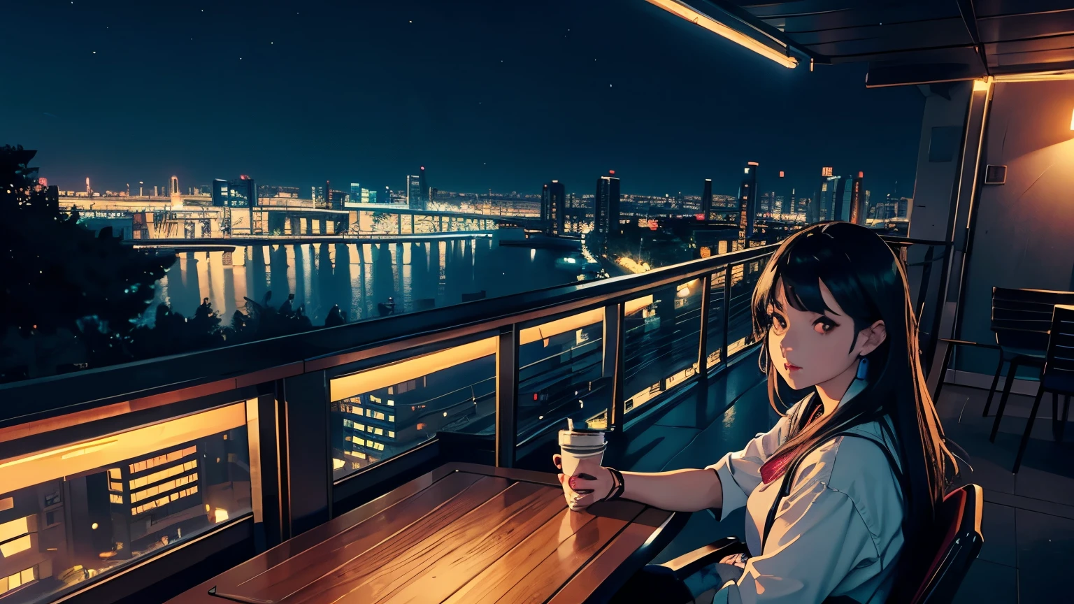 Retro,, artistic, excellent detail, super high quality, fine details, highlights, neon lights, 8K, masterpiece, urban night, neon lights, anime style, retro, balcony, chair, coffee and computer on the table, sea in the distance, road in front of the balcony, trees growing on the road, evening scenery, the sun is beautiful and nostalgic, close-up shooting, sitting and watching