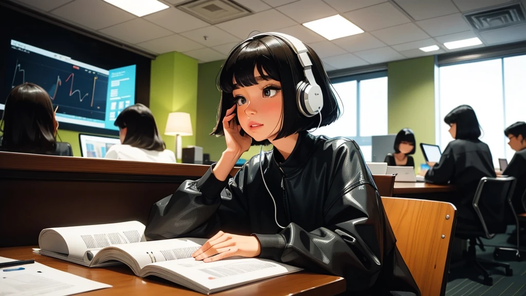 A very detailed beautiful woman, Perfect face,Black Hair, bob cut,Bangs, Gray eyes, Super detailed, Retro Wave , Wearing headphones, Studying in the room, Neon scenery on rainy day,Simulate color themes, Lo-fi hip-hop , Retrospective, flat, 2.5 days ,draw a line, The slope is great, amazing colors, Appearance tons, 16:Scale 9