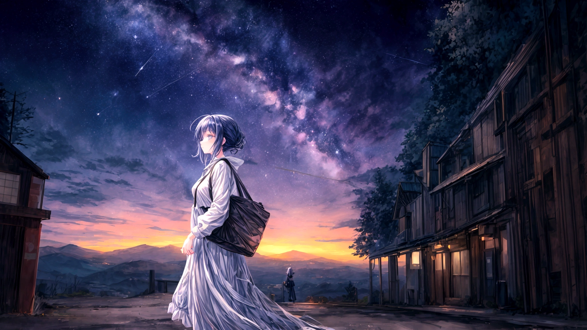 An anime-style image inspired by the lyrics. A young woman is shown walking with a determined expression, carrying a bag, and looking out at endless roads ahead in a vast, mysterious world. The background features diverse landscapes such as mountains, forests, and open skies, depicted with soft, pastel colors to create a dreamy and adventurous mood. She gazes at the stars under the night sky, with hope and courage in her heart, as her journey of endless roads and new discoveries begins. The image is in a 16:9 aspect ratio.