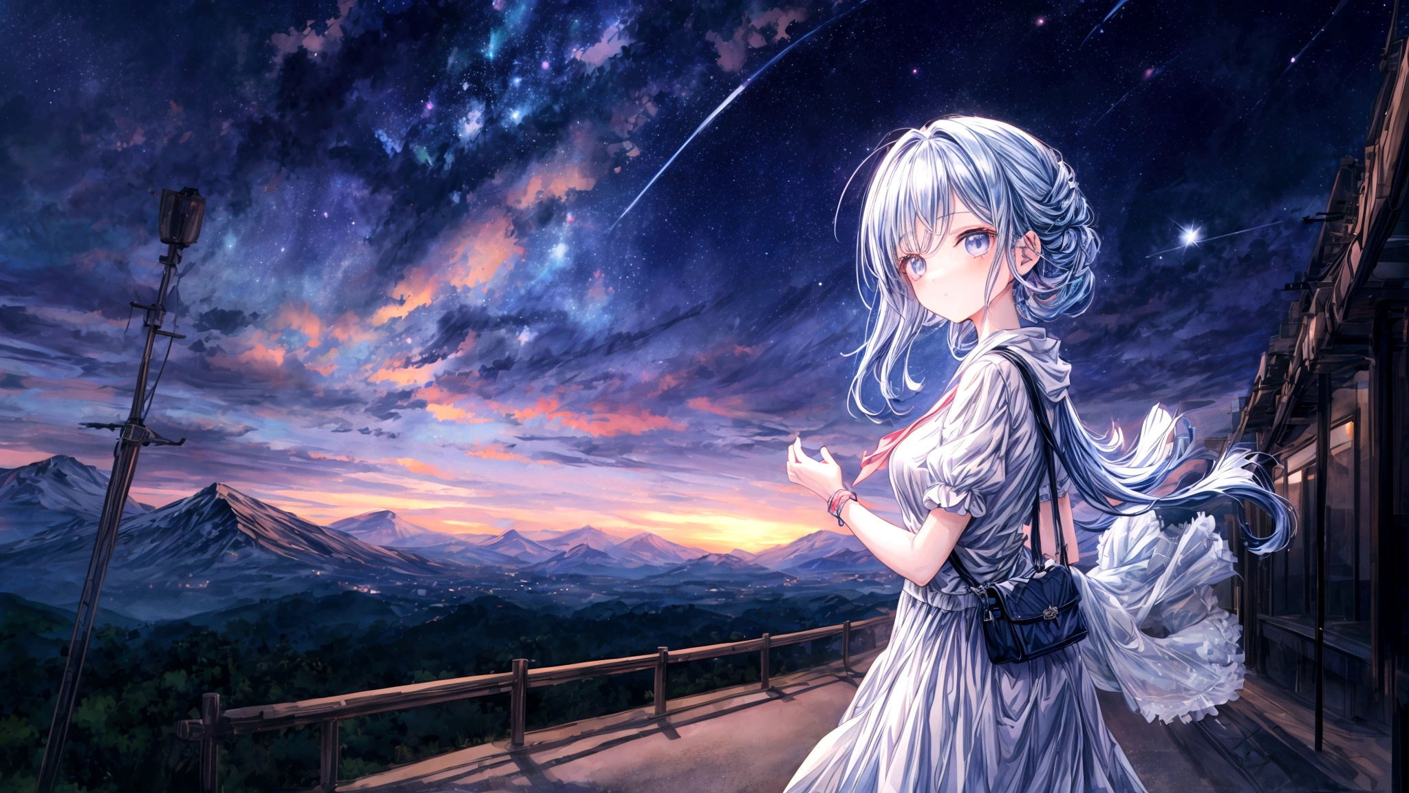An anime-style image inspired by the lyrics. A young woman is shown walking with a determined expression, carrying a bag, and looking out at endless roads ahead in a vast, mysterious world. The background features diverse landscapes such as mountains, forests, and open skies, depicted with soft, pastel colors to create a dreamy and adventurous mood. She gazes at the stars under the night sky, with hope and courage in her heart, as her journey of endless roads and new discoveries begins. The image is in a 16:9 aspect ratio.