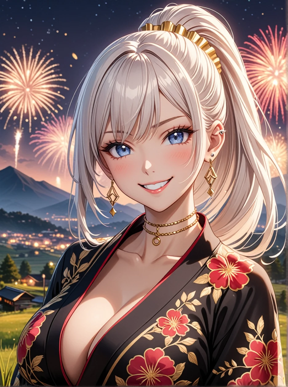 ((One personの女性)), Pretty face, Beautiful Face, (Laughing embarrassedly), (smirk:1.4), ((Wink:1.5)), (head tilt:1.3), Laugh with your mouth wide open, upper teeth, looking at viewer, ((full-face brash:1.5)), Glossy Red Lips, ((:1.4)), night,Mountain countryside landscape, firework, Glossy Red Lips, (Shining Face), ((Anime style background)),masterpiece, Highest quality, so beautiful,up to date, Complex details, (Pink long nails), (nail art), (Gold Ring),(Gold bracelet),(Gold floral choker), (helix piercing:1.7), AI-generated, Complex,High resolution, Highest quality, super high quality,3D Images、3D Images,One person,Long white hair,High Ponytail, Anime woman posing for a photo, ((silver eyes:1.6)), ((Fine grain、blue eyes、Shining Eyes:1.3)), (Squint your eyes:1.1),a hyperRealistic , hyperRealistic , Realistic,Anime woman with long white hair, Smooth anime CG art, (A woman in a colorful kimono with gold embroidery), ((Black long sleeve kimono:1.3)), Red floral pattern,(Long flower hair ornament),Floral Earrings,Mature Body,Abdominal muscles,Tight waist, ((Zoom in on face:1.6)), 