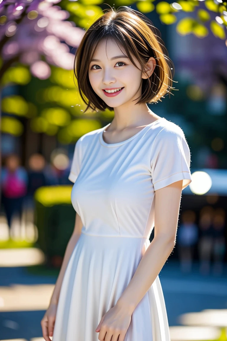 8K、best image quality、smile、masterpiece、spring、short hair、fine eyes、small breasts、A refreshing smile、Female college student、Dimples、New dresses for spring、Clear system、attending university、Ruck sack