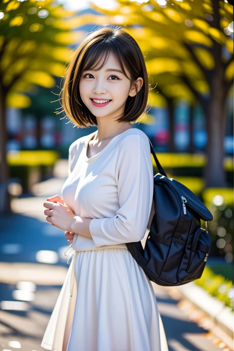 8K、best image quality、smile、masterpiece、spring、short hair、fine eyes、small breasts、A refreshing smile、Female college student、Dimples、New dresses for spring、Clear system、attending university、Ruck sack