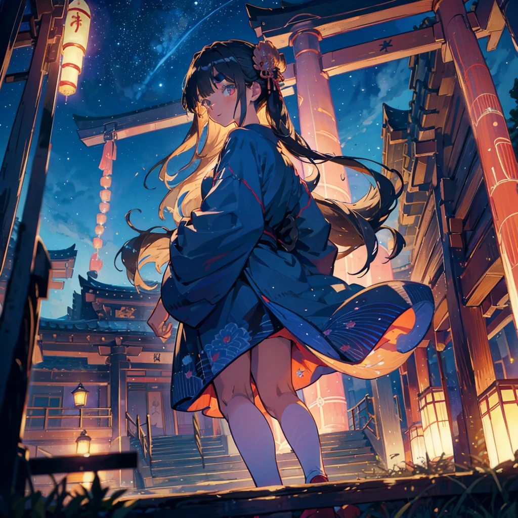 (masterpiece), (high resolution 8K), professional illustration, 1 girl, late teenage, standing, thigh focus, dutch angle, japanese clothes, kimono, hair ornament, long hair, smile, looking up, shrine, temple, torii, beautiful starry sky, natural lighting, high contrast, stunning face, symmetrical clear eyes, detailed eyes and face, detailed skin