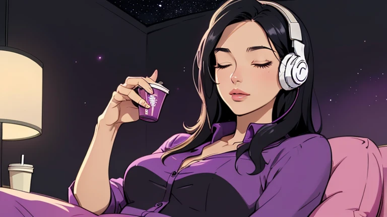 Beautiful woman in her 30s with black hair is sitting with headphones on the sofa. Stylish living room, Looking down, eyes closed, LOFI girl, alone in the room, purple blouse, relaxing mood, cozy, only five fingers, Starbucks, colorful, Well-proportioned face, Late night, night sky