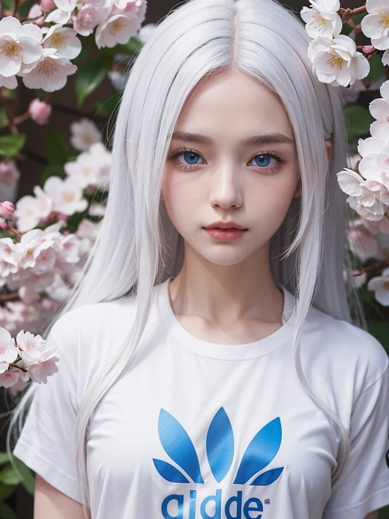 Long white hair, blue eyes, white skin, cherry blossom , adidas t-shirt 