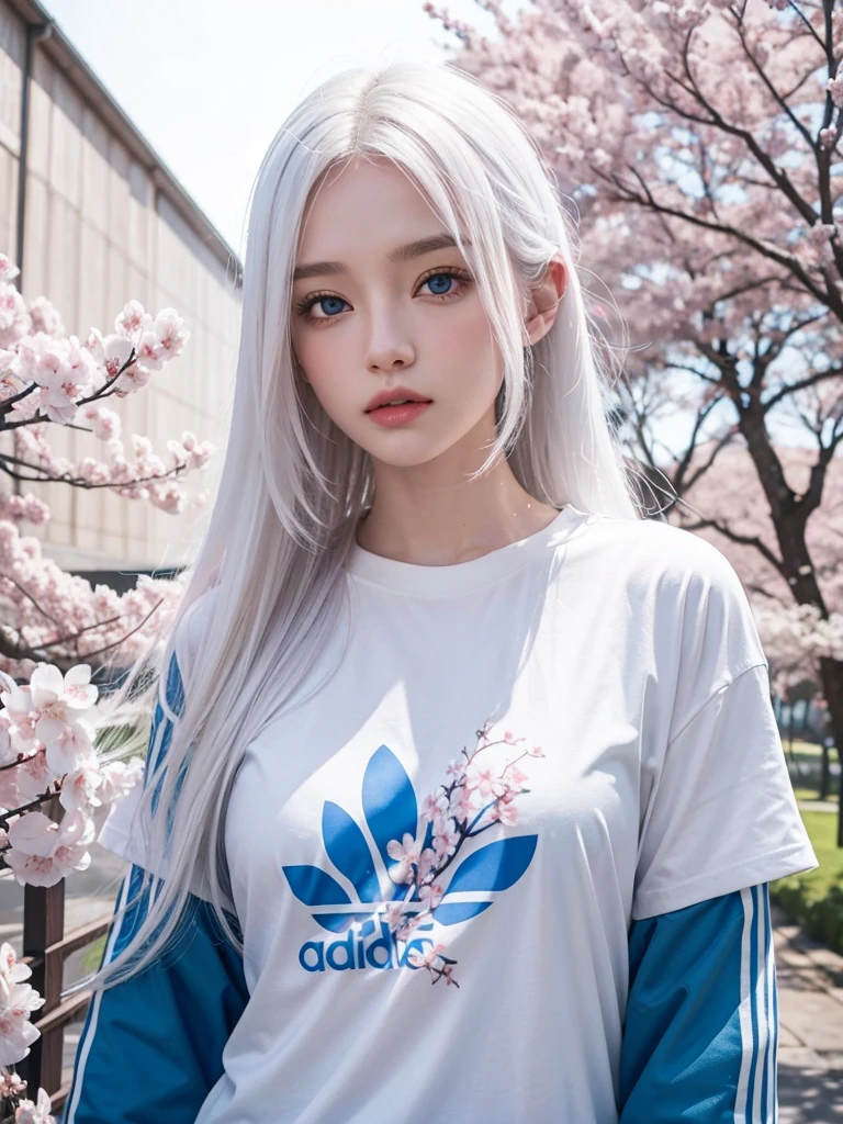 Long white hair, blue eyes, white skin, cherry blossom , adidas t-shirt