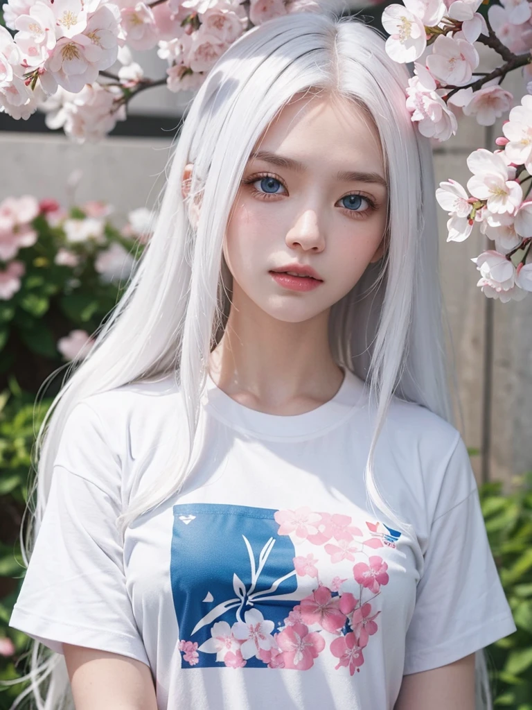 Long white hair, blue eyes, white skin, cherry blossom , adidas t-shirt