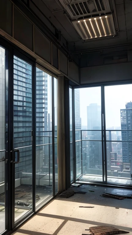 A glass-fronted high-rise building stands among a group of Showa-era multi-tenant buildings. Paved roads Dilapidated atmosphere Weathered Concrete