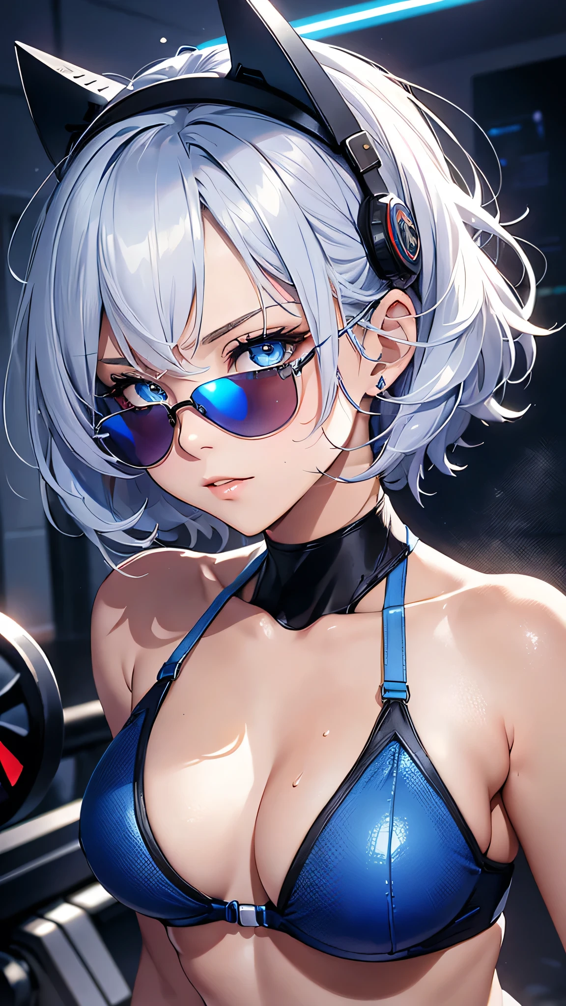 最high quality、Best image quality、masterpiece、With a girl((cute、20-year-old、Best Bust、Medium Bust、Bust 85,Beautiful Blue Eyes、Spread your chest wide,Short silver hair、Slender、The best valley、、Blue Bikini、,Show the whole body、Black perforated gloves,Blue Mesh,Tired face、Leaning forward greatly、Blue Sports Sunglasses、Blue Intercom,Sweating profusely、Ride a machine bike)）high quality、Beautiful art、background((Black Studio、Red lighting、blue laser light、Gym)),Tabletop、Exquisite design、Visual Arts、Depth of written boundary、Best lighting、Highest detail、8ｋ