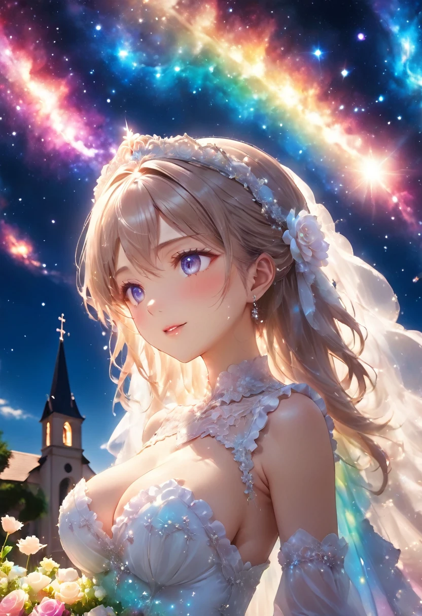 best quality, Super quality, 16K, Ridiculous, Very detailed, 2.5D, delicate and dynamic, church, Brightly colored stained glass, Faint lights and flying fireflies, night, Starry Sky, Milky Way, nebula, meteor, Flowers, birds, Wind and Moon, The expression is extremely delicate, Delicate eye expression, Upper body close-up, , The Only Sexy Girl, Healthy body shape, 22 years old woman, bride, Height 170cm, Huge firm bouncing breasts, Colorful headdress, Long wedding dress with complex structure, Colorful long wedding dress, Ruffled Sheer Long Wedding Dress, Extra long cape