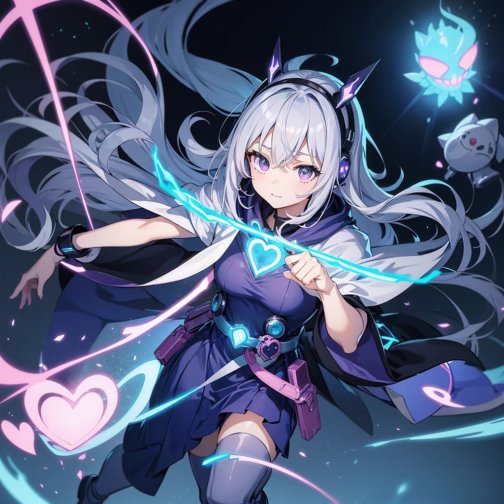masutepiece、top-quality、Anime Magical Girl、Eyes are blue:75CBCD、Hair is gray、Inner Hair Gradient Blue、cyberpunked、Cute heart-shaped magic wand、cloak with hood、Headset glowing in fluorescent blue、Cyberpunk even though it's an idol's clothes、Long boots in white、Pouch at waist、Simple backgrounds、CharacterDesignSheet、full body Esbian、Draw from head to toe、