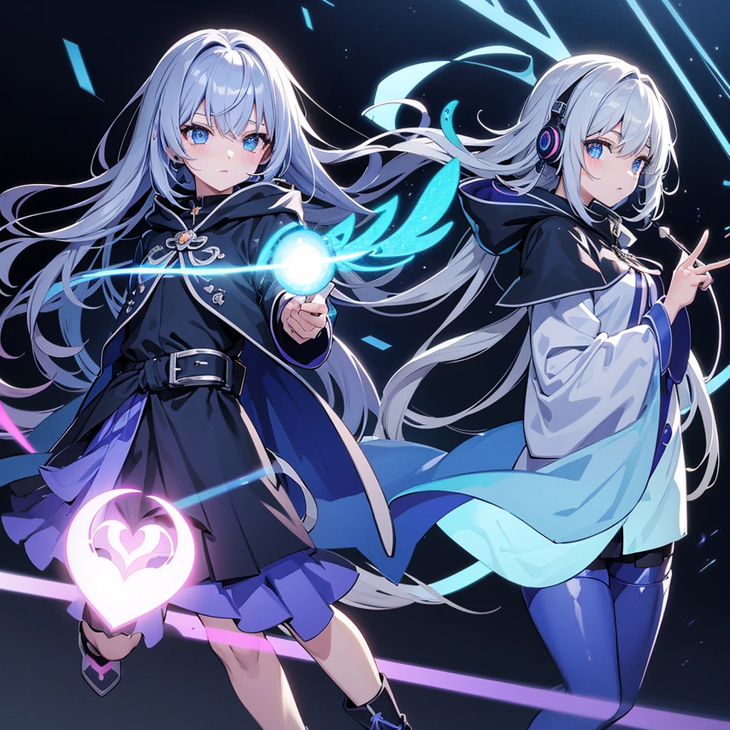 masutepiece、top-quality、Anime Magical Girl、Eyes are blue:75CBCD、Hair is gray、Inner Hair Gradient Blue、cyberpunked、Cute heart-shaped magic wand、cloak with hood、Headset glowing in fluorescent blue、Cyberpunk even though it's an idol's clothes、Long boots in white、Pouch at waist、Simple backgrounds、CharacterDesignSheet、full body Esbian、Draw from head to toe、