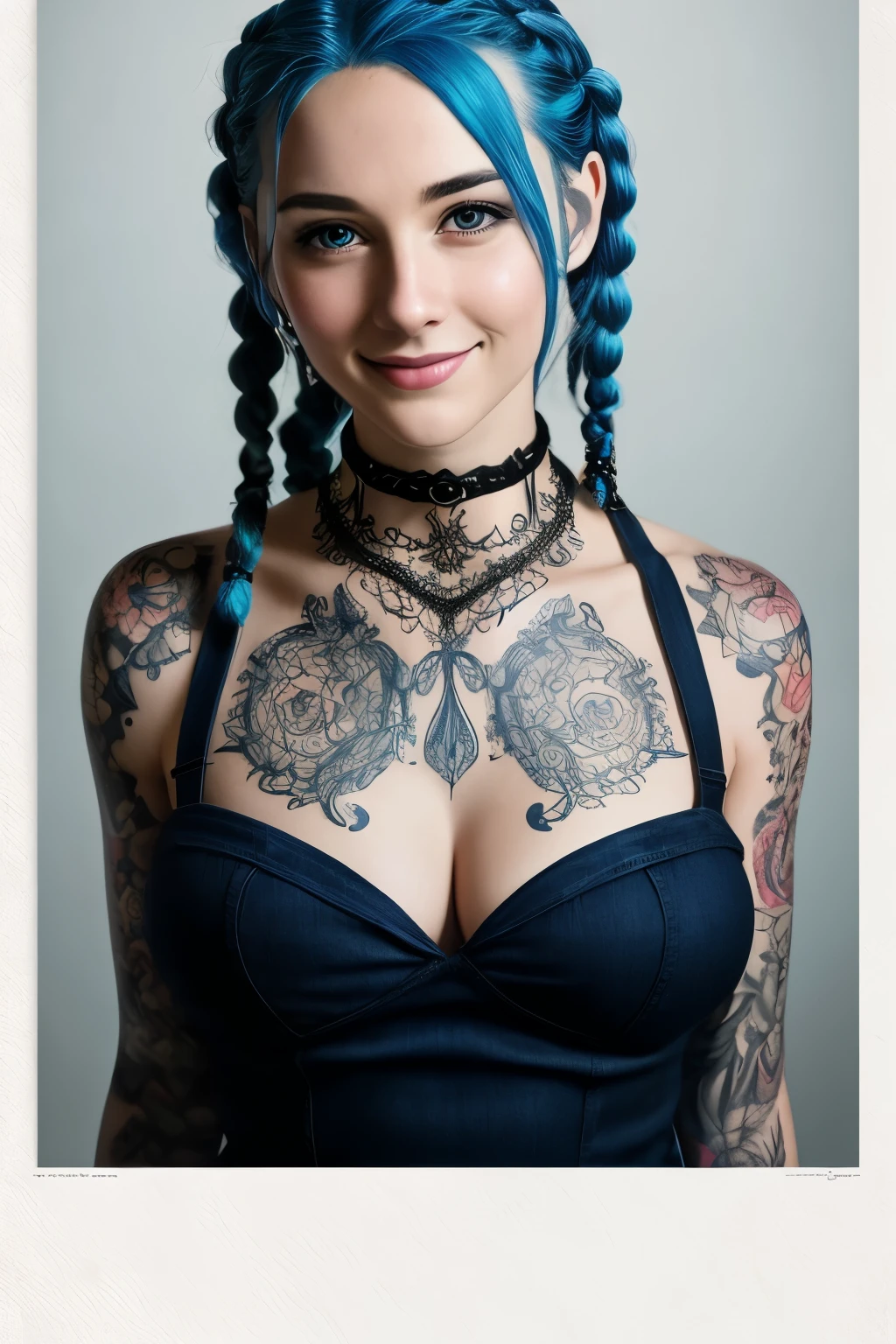 lots of definition, super focus, medium cinematic full-body portrait of young alternative blue hair in braids, large breasts, sexy smile, main light, backlight, natural lighting, photography 400 ISO film granulation 30mm lens f1.8 RAW aperture, fine art photographer, Lord of the Rings movie poster, large intricate print, choker, tattoos
