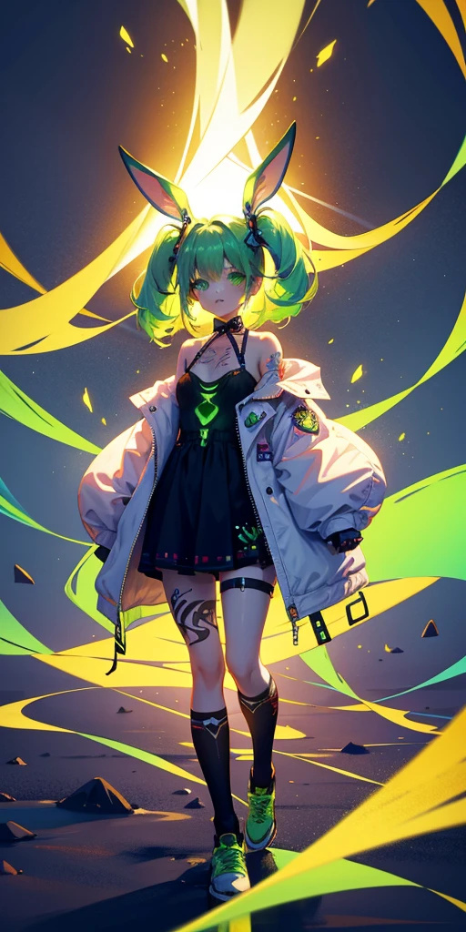 Rabbit technique , Science Fiction, Fluffy , 
1 girl, Tattoo, Glowing tattoo, Glowing eyes, Colorful glowing hair , Full body love, Green Hair,
  Kawaiitech, Soft colors, Kawaii, Lovely colors,