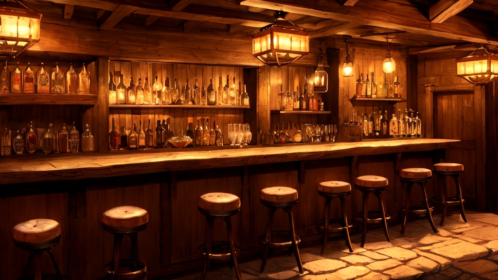 (medieval:1.2), a cozy empty tavern, bartender, (wide view, side view:1.36), bar counter, tables and chairs, inviting atmosphere