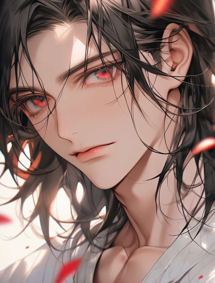 (Black_Hair), (red_ruby_eyes), (Handsome), (attractive), (male), (close_up_shot), (detailed_eyes), (detailed_hair), (clean_hair), (vertical_pupils), (jawline), (youthful_appearance)