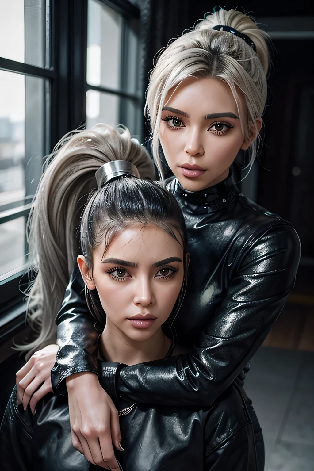 Kim Kardashian with high ponytail and silver hair combing her punk girlfriend's hair with gel and kissing Kim's hair naked