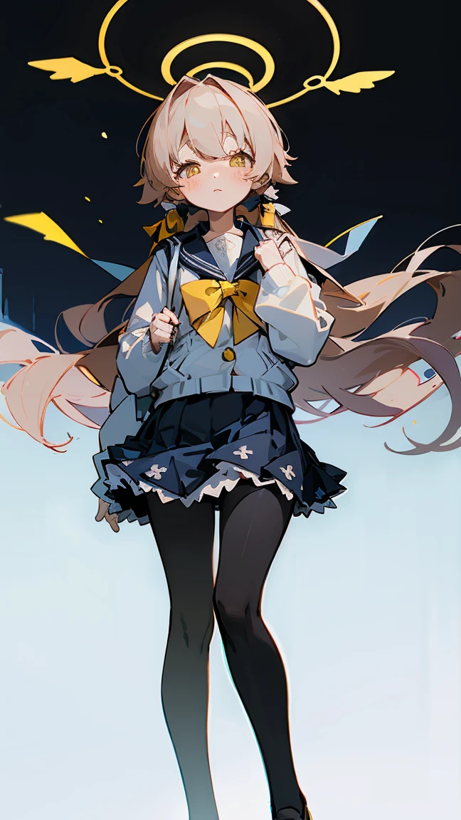 ((masterpiece,best quality)), (illustration), solo, hifumi (blue archive), halo, black pantyhose, long straight hair, school uniform, yellow eyes, sailor collar, pleated blue skirt, white cardigan, long sleeves, blush, frilled skirt,