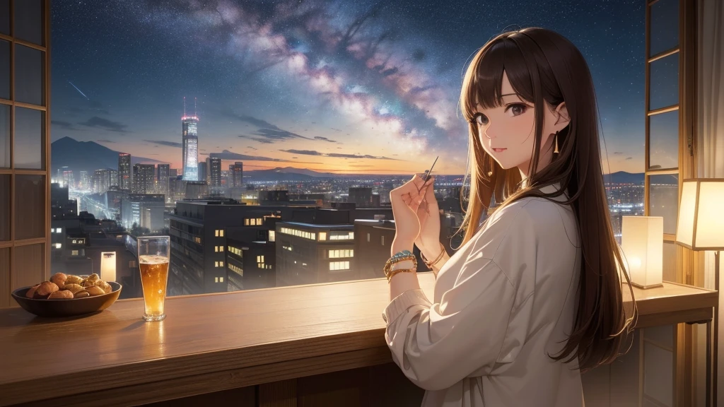 (Very detailed,High resolution,masterpiece:1.2)Night view from the balcony or terrace of a high-rise apartment building in Japan, Starry Sky、milky way、Tanabata bamboo decorations: Focus on a woman with a calm expression. Light brown hair. She is wearing a jacket over a long-sleeved top.、Earring Accessories, bracelet, clock. .(Highest quality:1.2), Very detailed, High resolution, Tabletop:1,2, Vibrant colors, Bokeh, Professional Lighting, Physically Based Rendering, Flat Color:0.8, Fine 図, Realistic:1.37, Shinkai Makoto style, Your name style,long hair 、 Elegant update,(masterpiece: 1,2)、(masterpiece: 1,2)、High resolution、超High resolution、Highest quality、High resolution、