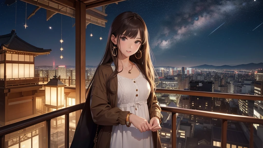 (Very detailed,High resolution,masterpiece:1.2）Night view from the balcony or terrace of a high-rise apartment building in Japan, Starry Sky、milky way、Tanabata bamboo decorations: Focus on a woman with a calm expression. Light brown hair. She is wearing a jacket over a long-sleeved top.、Earring Accessories, bracelet, clock. .(Highest quality:1.2), Very detailed, High resolution, Tabletop:1,2, Vibrant colors, Bokeh, Professional Lighting, Physically Based Rendering, Flat Color:0.8, Fine 図, Realistic:1.37, Shinkai Makoto style, Your name style,long hair 、 Elegant update,(masterpiece: 1,2)、(masterpiece: 1,2)、High resolution、超High resolution、Highest quality、High resolution、