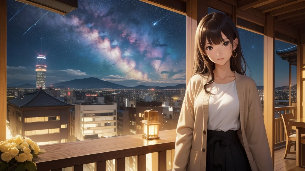 (Very detailed,High resolution,masterpiece:1.2）Night view from the balcony or terrace of a high-rise apartment building in Japan, Starry Sky、milky way、Tanabata bamboo decorations: Focus on a woman with a calm expression. Light brown hair. She is wearing a jacket over a long-sleeved top.、Earring Accessories, bracelet, clock. .(Highest quality:1.2), Very detailed, High resolution, Tabletop:1,2, Vibrant colors, Bokeh, Professional Lighting, Physically Based Rendering, Flat Color:0.8, Fine 図, Realistic:1.37, Shinkai Makoto style, Your name style,long hair 、 Elegant update,(masterpiece: 1,2)、(masterpiece: 1,2)、High resolution、超High resolution、Highest quality、High resolution、