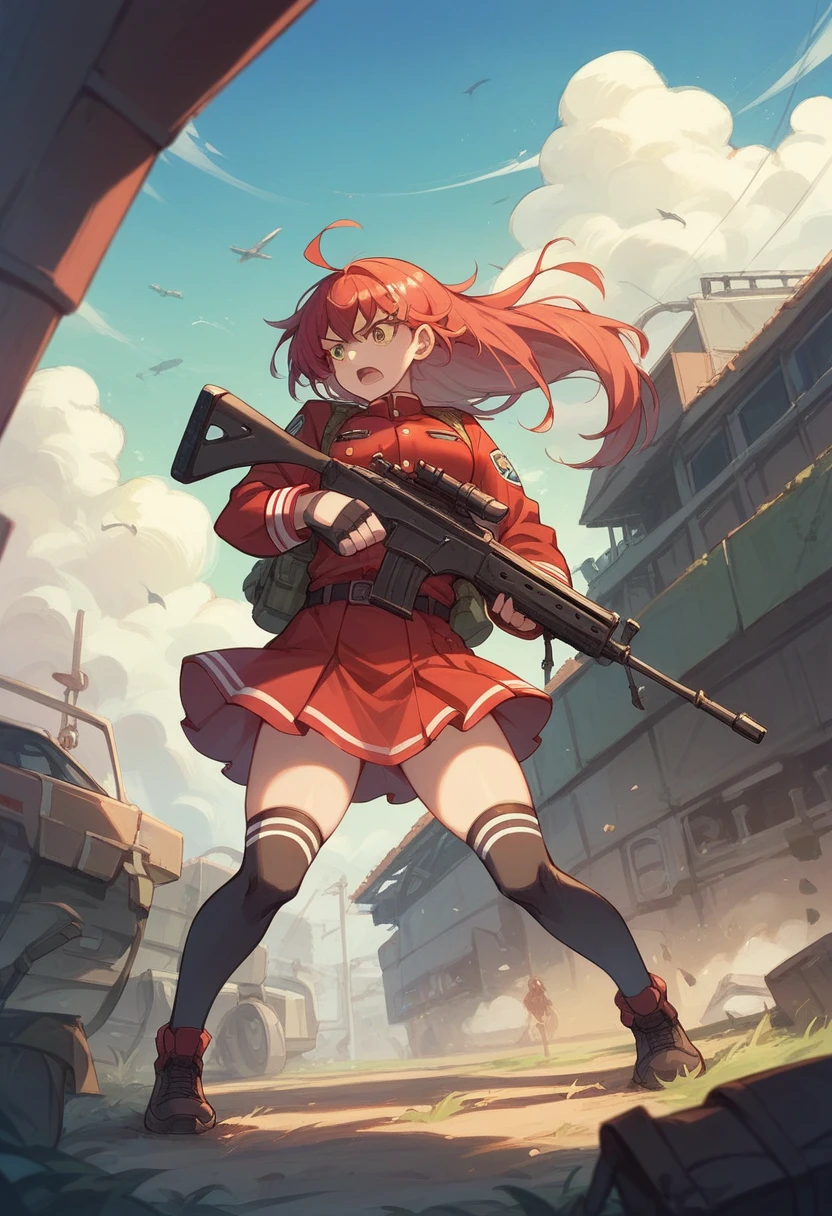 A platoon of girls wearing bright red military uniforms and long red skirts、A girl platoon leader equipped with an anti-material rifle and a handgun、A girl in a red military uniform with an assault rifle and a rocket launcher、Infantry fighting vehicle、Omaha Beach