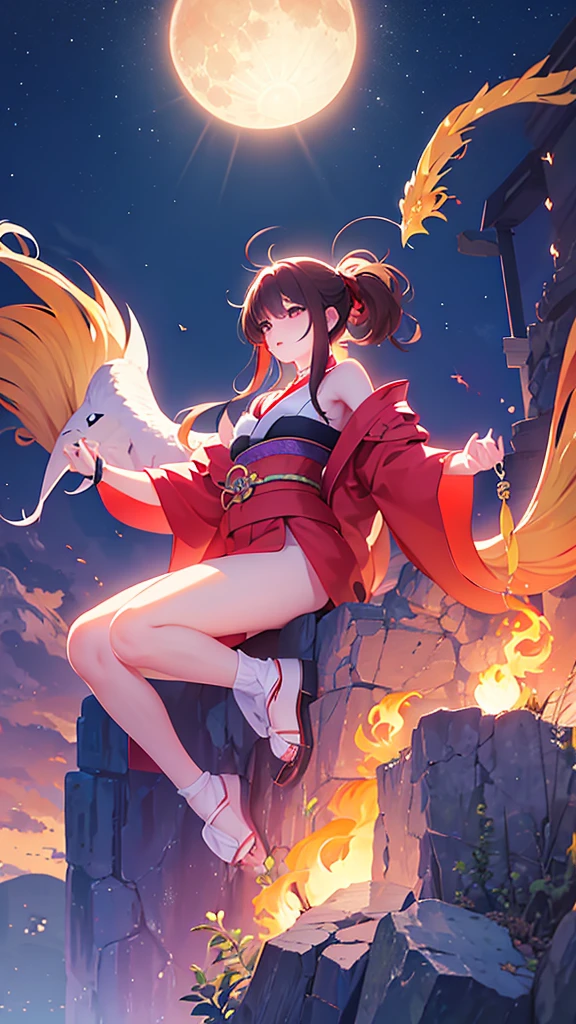 Name: YumiHaruBreak
Element: FLAMARA
Description: The Blazing Phoenix Ranger. With unparalleled archery skills and a Shunpo technique fuelled by Flamara, YumiHaruBreak is known for her obsessive pursuit of justice and swift retribution.
Prompt: ( depressed pose sitting on rock , indicating deep thought), 1woman, mature, sometimes wearing Traditional Japanese Summer Clothing, long brown hair tied in a ponytail with Orchid Wat abcे measuring 5cm / 2 inches, [[heartspace valtz心]] character mark on chest area, bearing minimal accessories, expressing the essence of (distinctive features: scar over left eyebrow), deep emotion, kimono induced gratitude texture, illustrated moon viewing scene in summer environment foreground, parameters & ({ base_elem : "Flamara