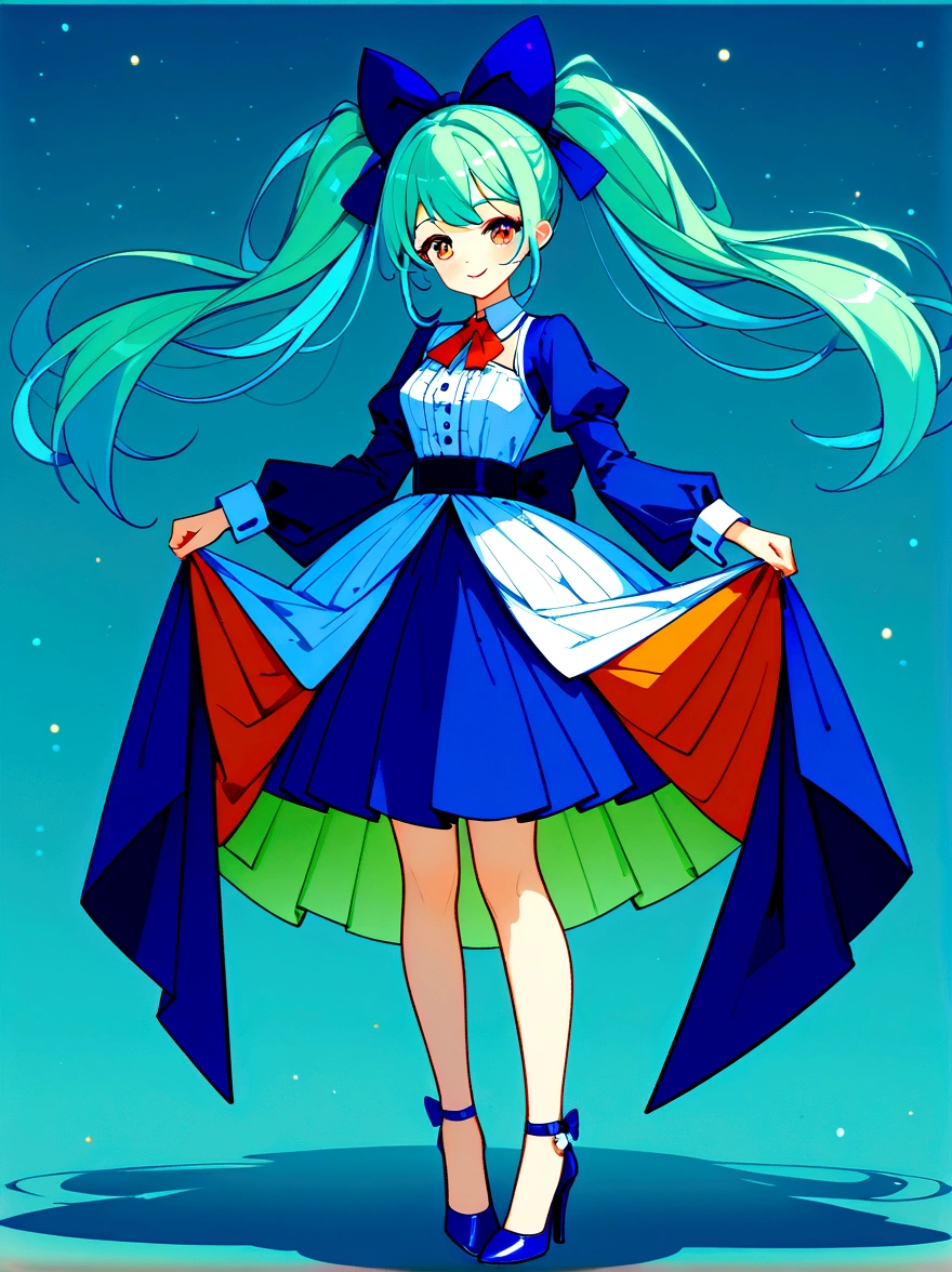 (A young woman with cyan hair in double ponytails:1.5),Wearing a futuristic outfit,Consists of an electronic-themed dress,(She was wearing transparent high heels made of electronic elements.:1.3),Her headband consists of a square-shaped emblem.,Hanging ribbons,The color palette includes cyan,black and white,The overall tone is colorful and vibrant,(Full body shot:1.5),(Vision:1.5)
