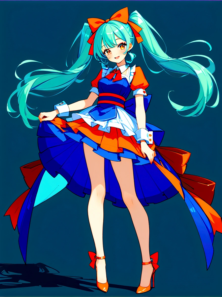 (A young woman with cyan hair in double ponytails:1.5)，Wearing a futuristic outfit，Consists of an electronic-themed dress，(She was wearing transparent high heels made of electronic elements.:1.3)，Her headband consists of a square-shaped emblem.，Hanging ribbons，The color palette includes cyan，black and white，The overall tone is colorful and vibrant，(Full body shot:1.5)，(Vision:1.5)