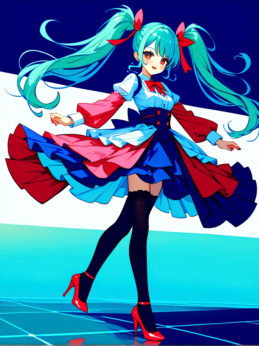 (A young woman with cyan hair in double ponytails:1.5)，Wearing a futuristic outfit，Consists of an electronic-themed dress，(She was wearing transparent high heels made of electronic elements.:1.3)，Her headband consists of a square-shaped emblem.，Hanging ribbons，The color palette includes cyan，black and white，The overall tone is colorful and vibrant，(Full body shot:1.5)，(Vision:1.5)