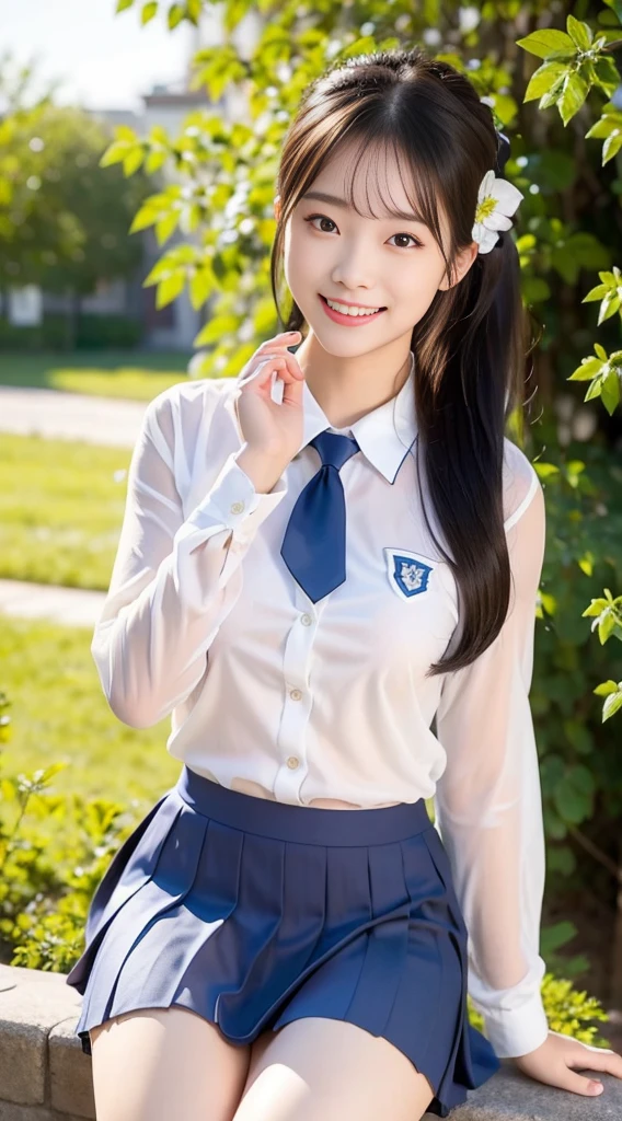 (Highest quality、Ultra-high resolution、８ｋ、masterpiece:1.3)、Beautiful woman with perfect figure:1.4、Black Hair、(ponytail)、((((School Uniform))))、Big eyes、Flashy uniforms、（high school girl）、(Checked Skirt)、Ultra mini skirt、（(((Angle from below)))、A beautiful woman、Schoolカバン、Highly detailed face and skin、Detailed eyes、Shiny thighs、double eyelid、Thin legs、The best smile、(((１people)))、Beautiful views、School、（Schoolyard）、beautiful place、The best smile、Extraordinary beauty、Age: 16、Perfect Proportions、whole body、((blue sky))、Baby Face、Touch your hair with your hands、The wind is blowing、Physical education sitting、wave hands、I can see your underwear、White underwear、Camel legs、Crossing your legs、Panties visible from between the skirts、