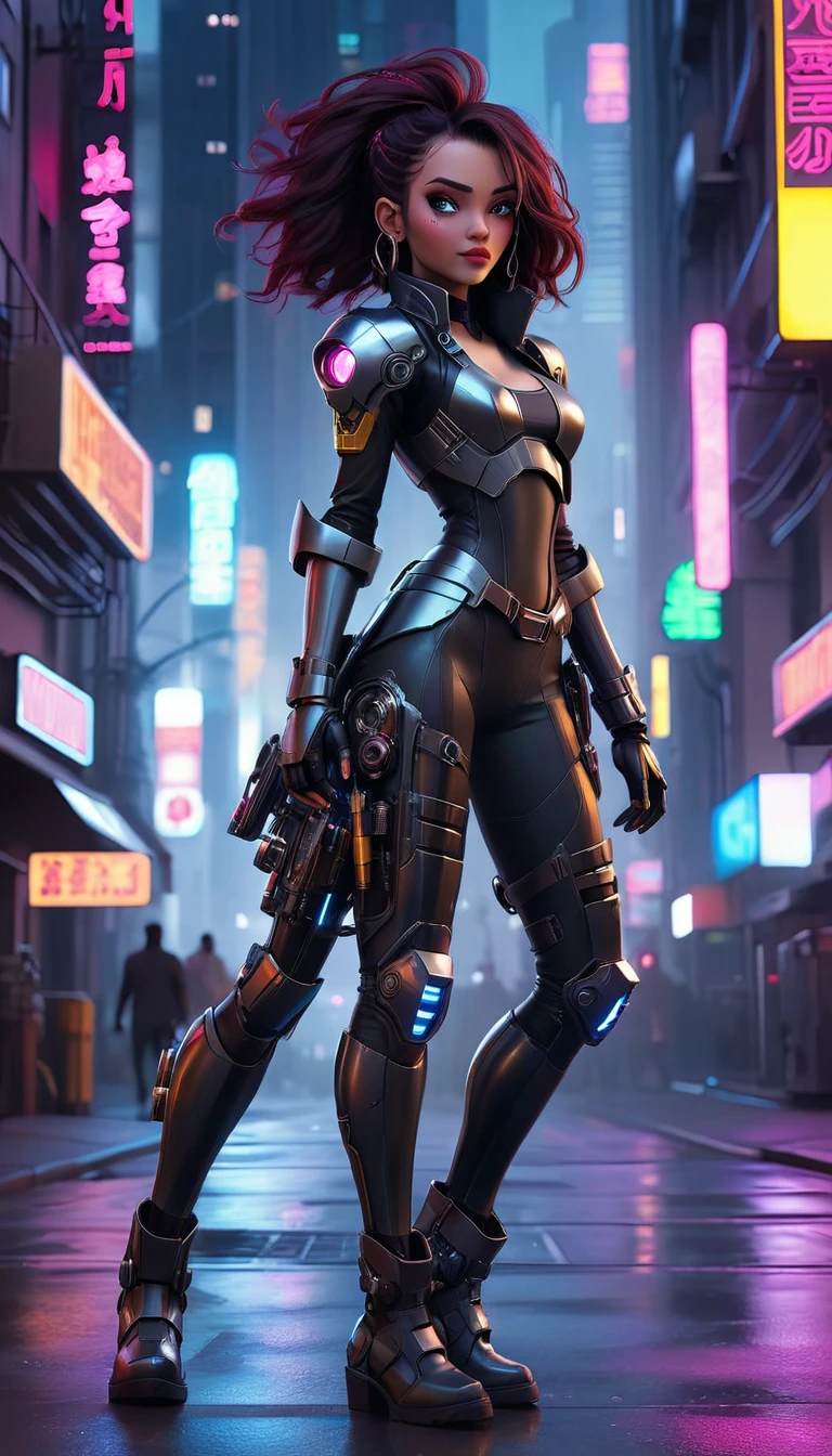 "Create a realistic, highly detailed 8K image of a 20-year-old female space pirate inspired by Iron Man, wearing a shiny, futuristic mech. She is in a cyberpunk-style urban night scene, walking down a street with tall buildings and neon lights. The atmosphere is futuristic and full of adventure, with science fiction elements."