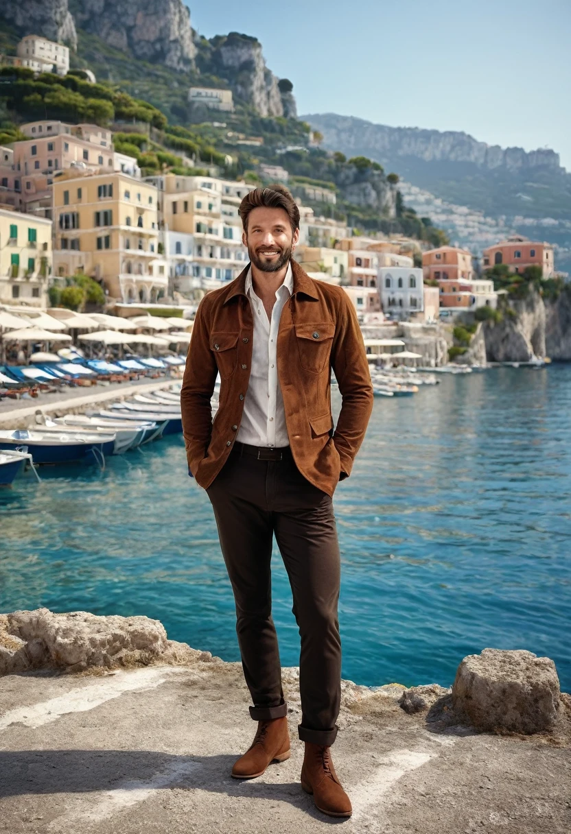 A 35 years old man, with a black pants,white social shirt, italian background, hands on the pocket, a brown jacket with a collar and buttons, brown jacket, clothes, very aesthetic jacket, clothing and boots, brown jacket,jacket, short brown jacket, brown jacket with long sleeves, and suede, jackets, brown clothes, jerkin, western clothing, brown shirt, clothing photography ,amazing italian background, 4k, realistic ,boats are docked in the water near a town on a hill, italian mediterranean city, mediterranean island scenery, italy, southern european scenery, gulf of naples, beautiful italian beach scene, mediterranean city, capri coast, fantasy italy, naples, mediterranean, beautiful place, mediterranean vista, beauitful, incredibly beautiful, unknown, beautiful high resolution, happy italian beach scene, imposing