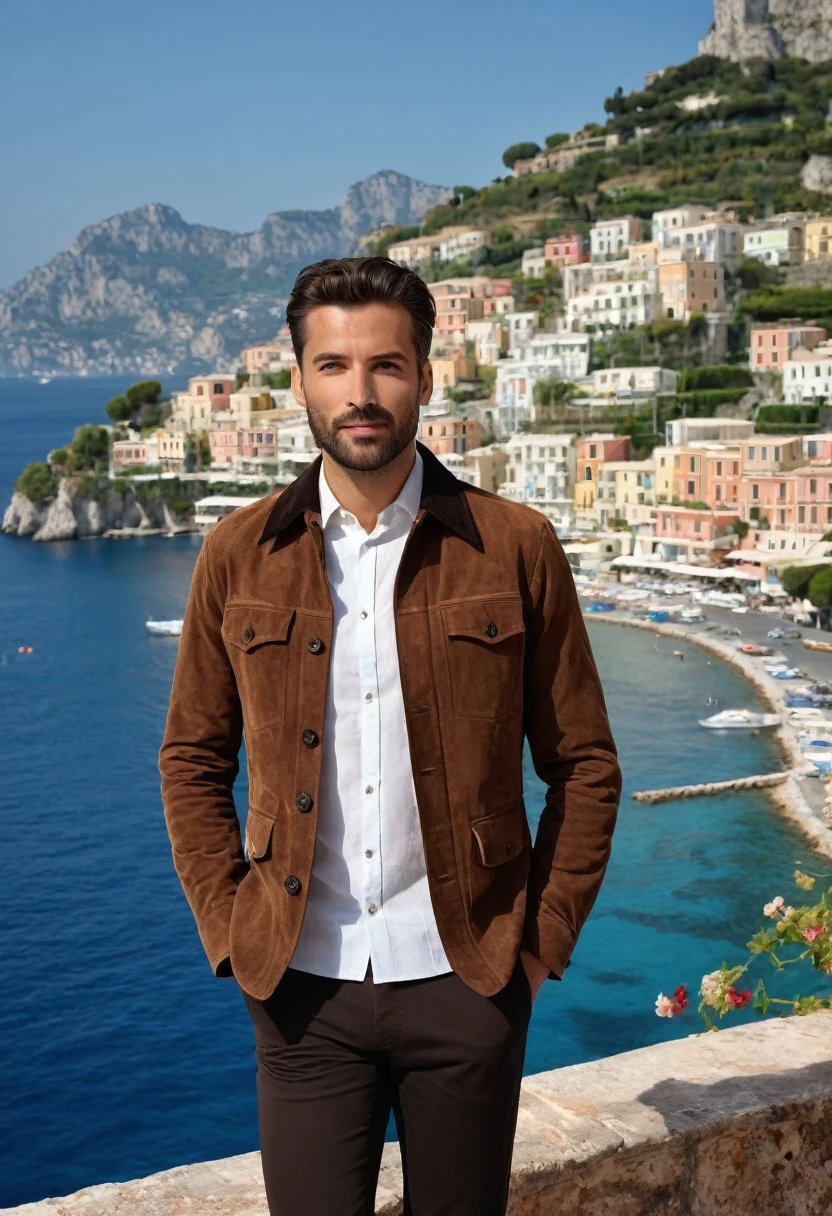A 35 years old man, with a black pants,white social shirt, italian background, hands on the pocket, a brown jacket with a collar and buttons, brown jacket, clothes, very aesthetic jacket, clothing and boots, brown jacket,jacket, short brown jacket, brown jacket with long sleeves, and suede, jackets, brown clothes, jerkin, western clothing, brown shirt, clothing photography ,amazing italian background, 4k, realistic ,boats are docked in the water near a town on a hill, italian mediterranean city, mediterranean island scenery, italy, southern european scenery, gulf of naples, beautiful italian beach scene, mediterranean city, capri coast, fantasy italy, naples, mediterranean, beautiful place, mediterranean vista, beauitful, incredibly beautiful, unknown, beautiful high resolution, happy italian beach scene, imposing