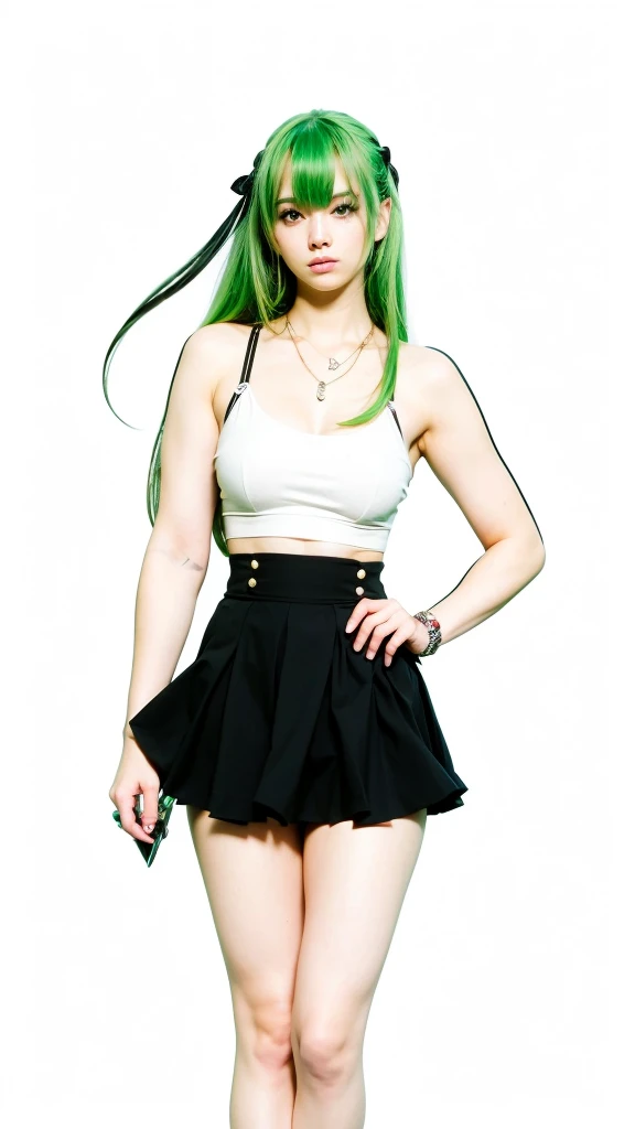 1 girl, long hair twin tail, green color hair, black eyes color, white suit, black mini skirt, black shoes, beautiful girl, cool girl, sexy girls, ultra detail, realistic, cosplayer, 80 mn lens