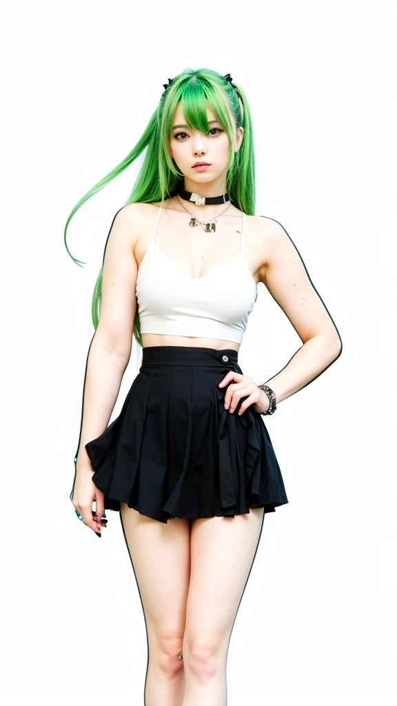 1 girl, long hair twin tail, green color hair, black eyes color, white suit, black mini skirt, black shoes, beautiful girl, cool girl, sexy girls, ultra detail, realistic, cosplayer, 80 mn lens