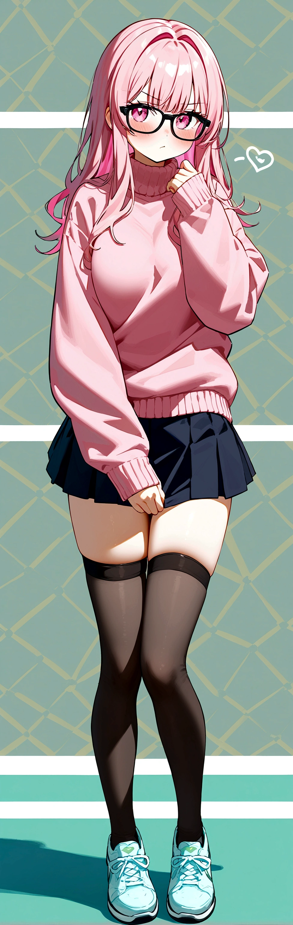 pink hair black glasses pink eyes extremely blushing a big pink sweater short black skirt black stockings white tennis shoes that is a reserved girl that is pouting