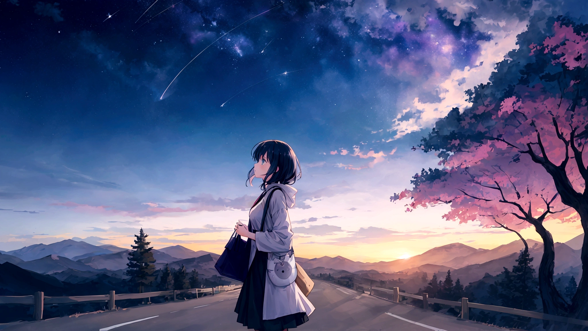 An anime-style image inspired by the lyrics. A young woman is shown walking with a determined expression, carrying a bag, and looking out at endless roads ahead in a vast, mysterious world. The background features diverse landscapes such as mountains, forests, and open skies, depicted with soft, pastel colors to create a dreamy and adventurous mood. She gazes at the stars under the night sky, with hope and courage in her heart, as her journey of endless roads and new discoveries begins. The image is in a 16:9 aspect ratio.