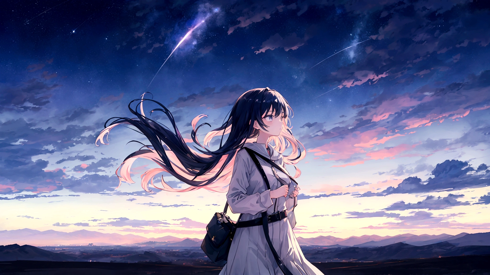 An anime-style image inspired by the lyrics. A young woman is shown walking with a determined expression, carrying a bag, and looking out at endless roads ahead in a vast, mysterious world. The background features diverse landscapes such as mountains, forests, and open skies, depicted with soft, pastel colors to create a dreamy and adventurous mood. She gazes at the stars under the night sky, with hope and courage in her heart, as her journey of endless roads and new discoveries begins. The image is in a 16:9 aspect ratio.