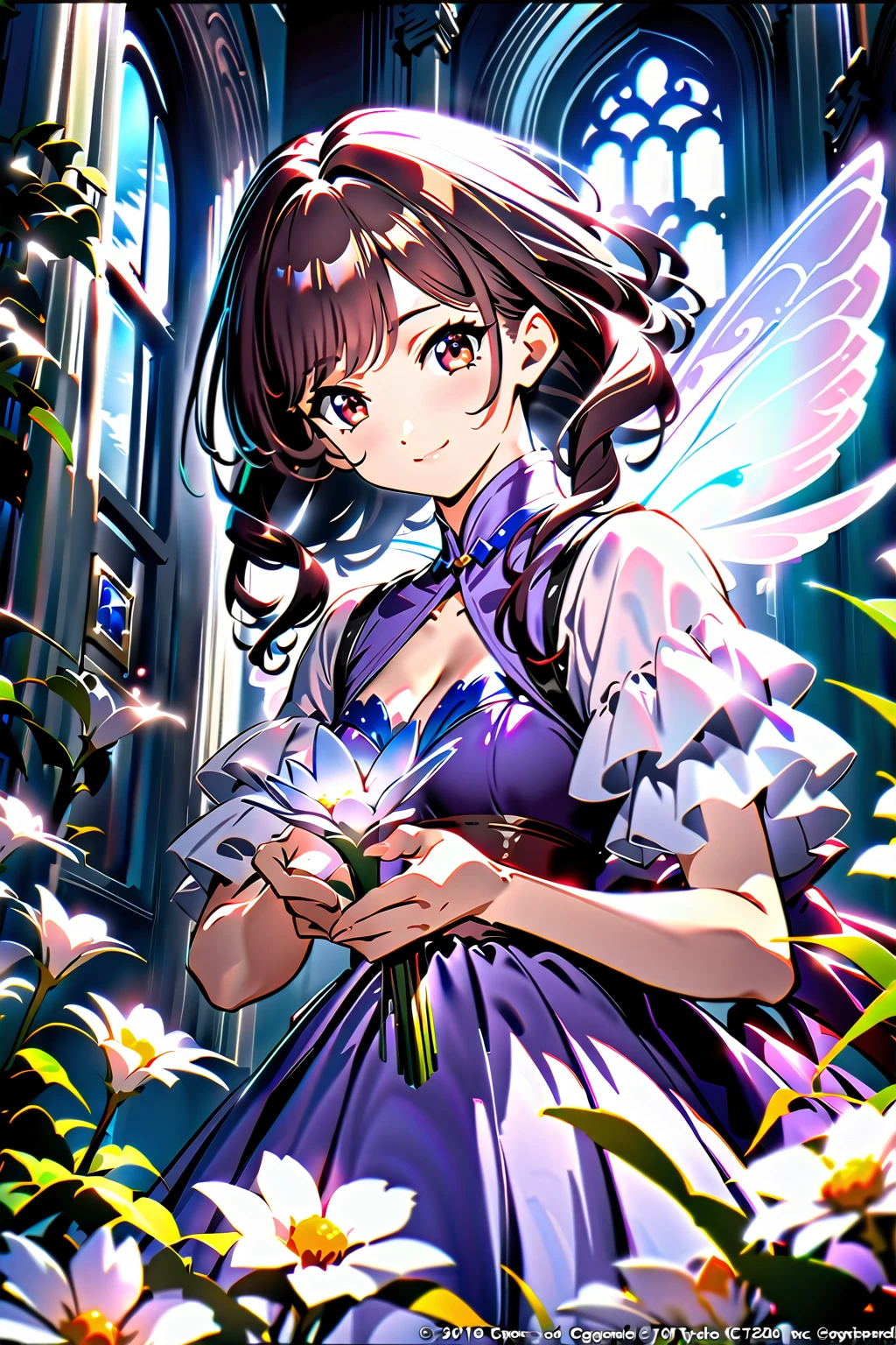 (超detailedなイラスト:1.2),Very delicate and beautiful,非常にdetailed,CG,Unity,8k wallpaper,wonderful,detailed,masterpiece,The best quality in the best condition,Official Art,非常にdetailed CG 8k Unbelievably ridiculous resolution,Beautiful and exquisite,High resolution,非常にdetailedな目と顔,Anime girl in a purple dress holding a vase in front of a window, Fairy portrait, Smiling like a fairy queen, Kschaert Krentz Key Art Feminine, Holding a magic flower, Fairy portrait, artwork in the style of Gwaiz, Gwaiz on pixiv artstation, Gwaiz, detailedなデジタルアニメアート
