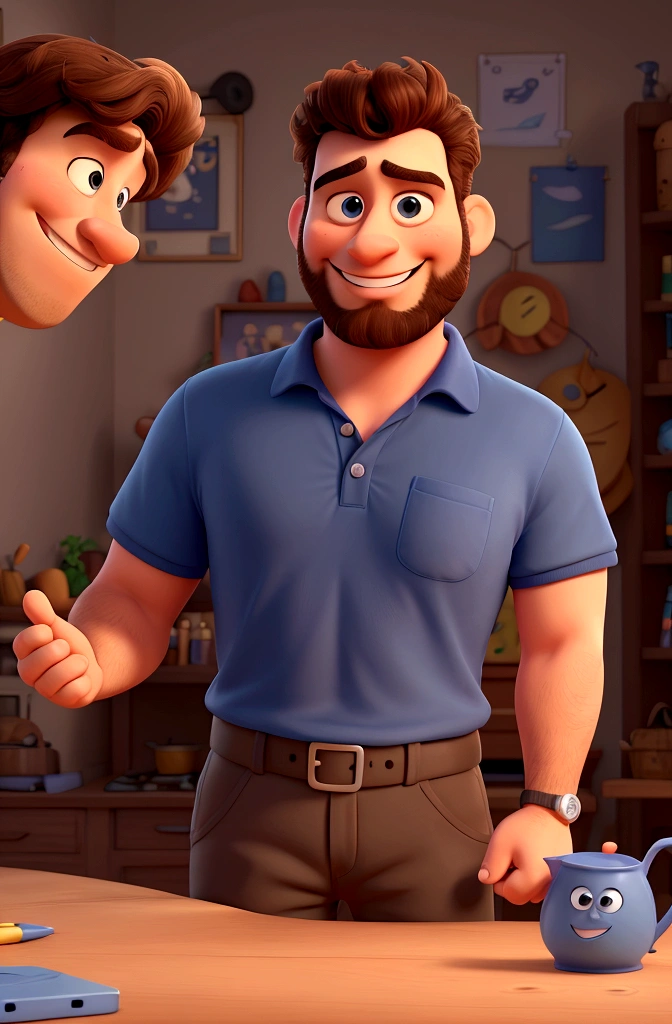 Create a Disney Pixar-style 3D model of a 30-year-old man with short, curly hair, well-groomed beard, wearing a dark blue polo shirt. He must have his arms crossed and display a confident and cocky smile. The style should include exaggerated features typical of Pixar, like big, expressive eyes, with a smooth skin texture and vibrant colors. The background should be simple and colorful, with soft elements that complement the character.