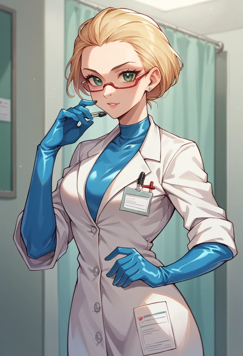 1girl, ((blue gloves)), ((elbow gloves)), ((latex gloves)), ((doctor outfit)), looking at viewer, ((doctor)), ((long sleeves)), standing